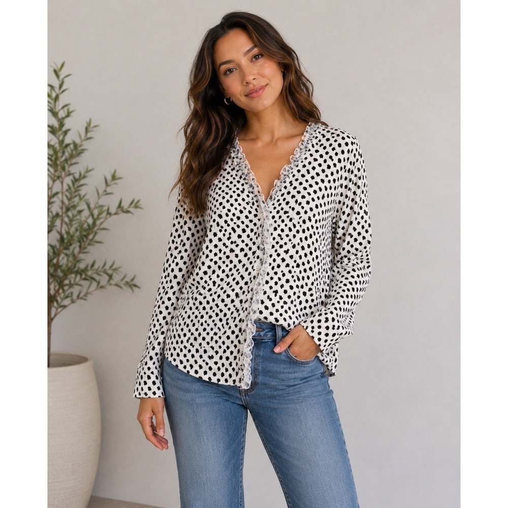 Lane Bryant Womens 18/20 Plus Black White Polka Dot Ruffle Silky Button Cardigan